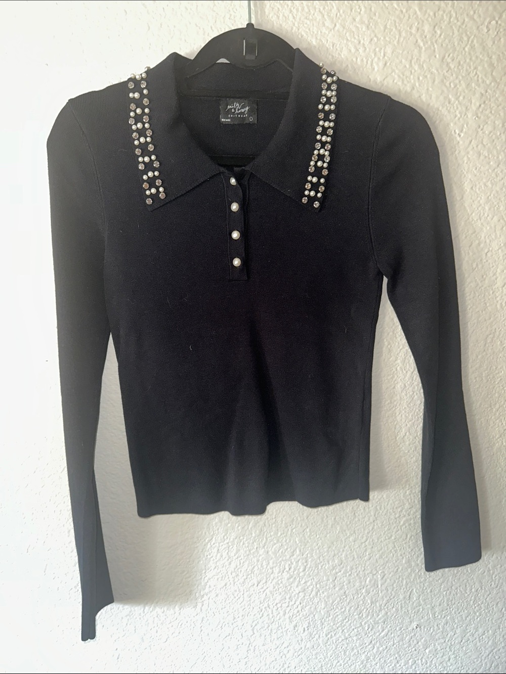 Women's Black Long-Sleeve Polo Sweater with Pearl & Rhinestone Collar